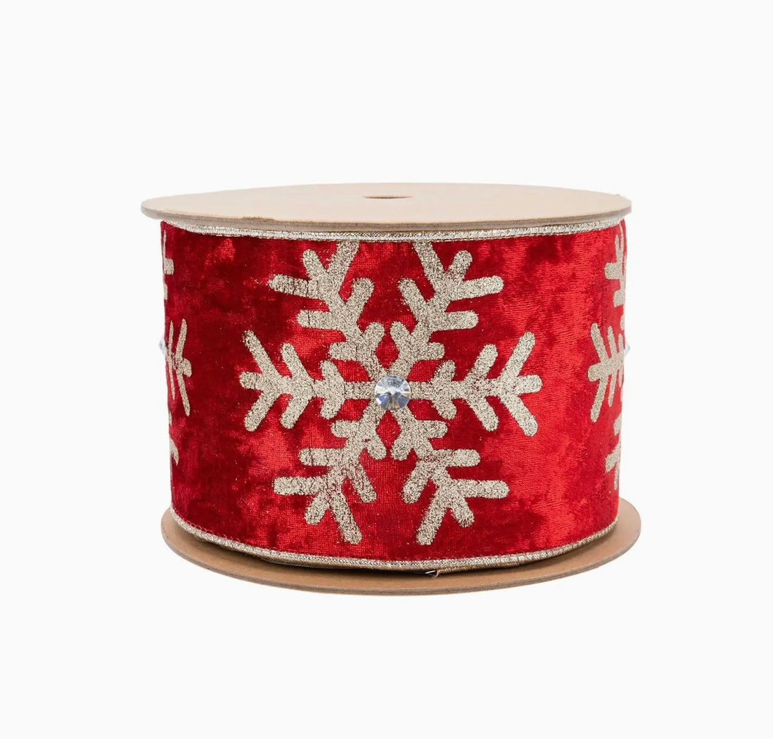 USA designer wired ribbon 4” red velvet snowflake/ jewel full roll 10 yards