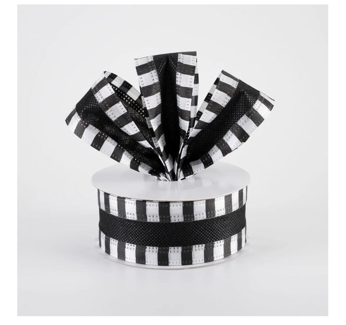USA 1.5” striped edge breeze wired ribbon full roll 10 yards black and white