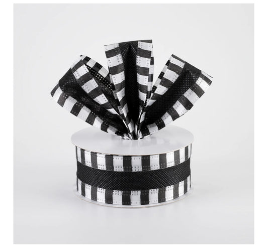 USA 1.5” striped edge breeze wired ribbon full roll 10 yards black and white