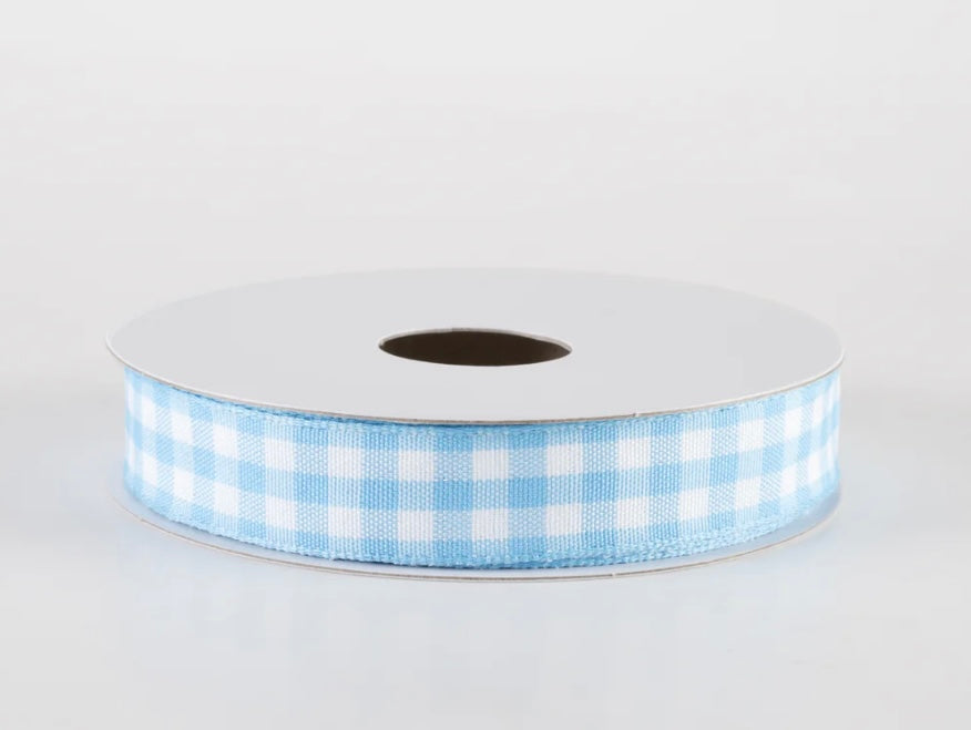 USA 5/8” classic check wired ribbon, baby blue and white, full roll 10 yards