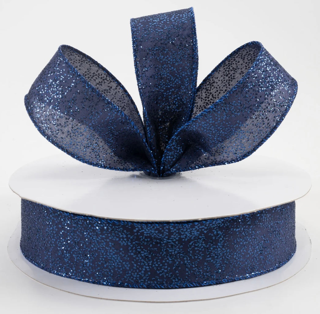 USA 1.5” mini glitter dots, navy blue wired ribbon, sold by the meter
