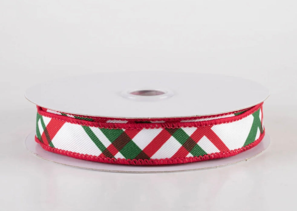 USA 5/8” Diagonal windowpane plaid, white/ red/emerald green, full roll 10 yards