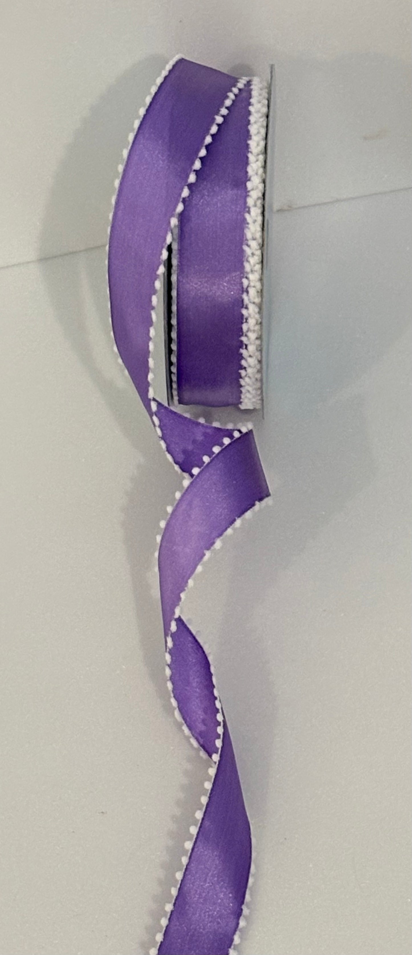 1.5” wired ribbon, purple with white pom-poms, sold by the meter