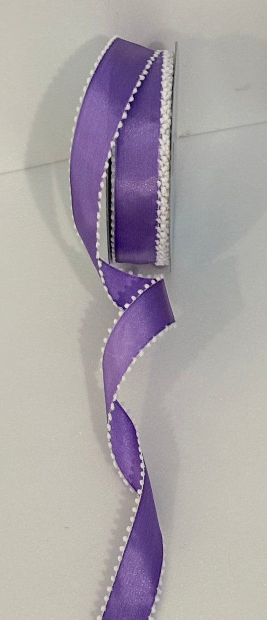 1.5” wired ribbon, purple with white pom-poms, sold by the meter