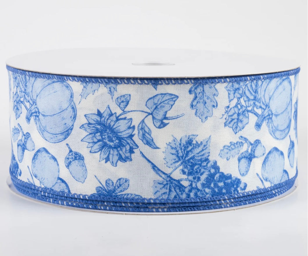 USA 2.5” wired ribbon, linen Fall toile, blue on cream, sold by the meter