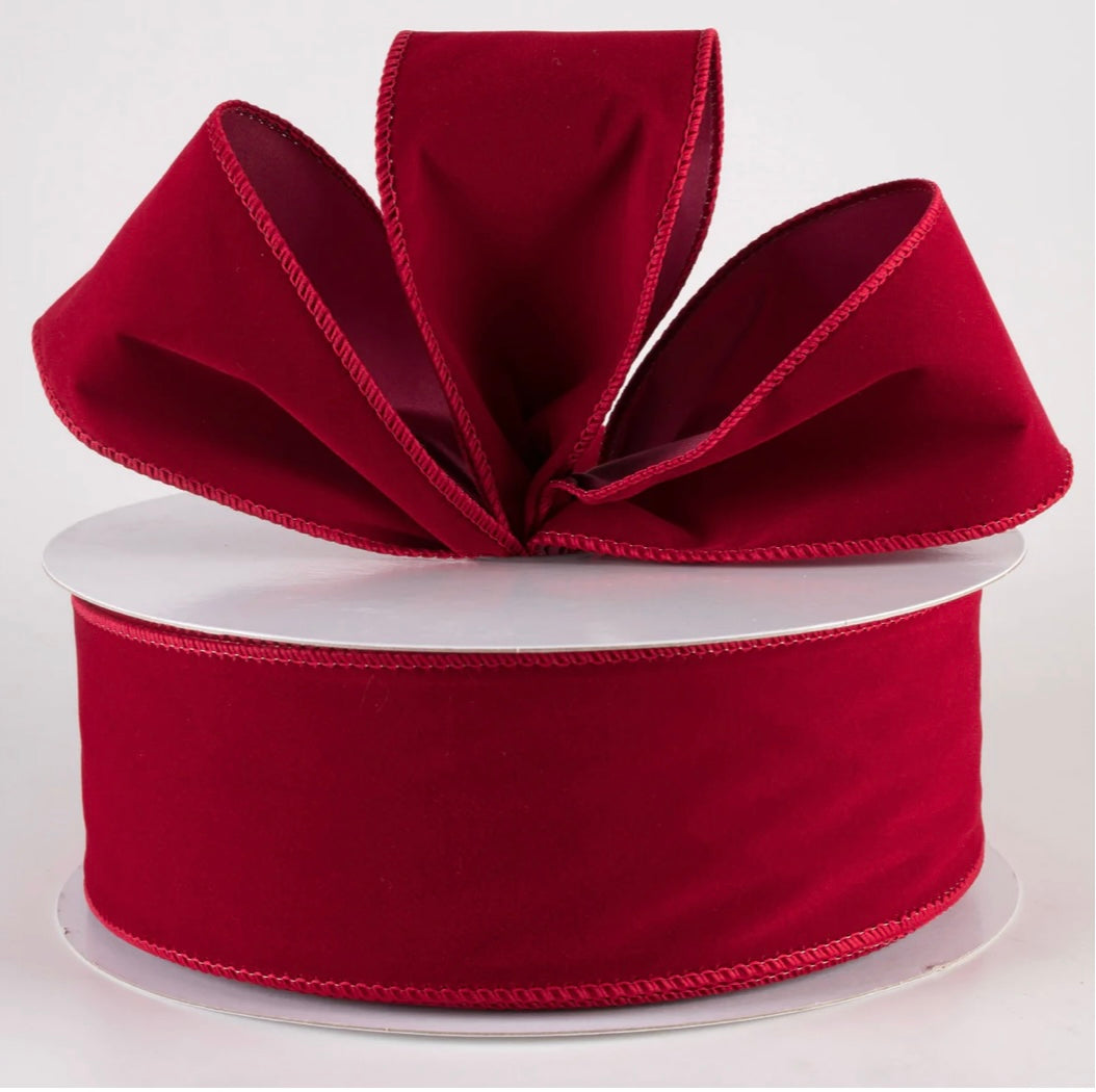 USA 2.5” velvet wired ribbon dark red, sold by the meter