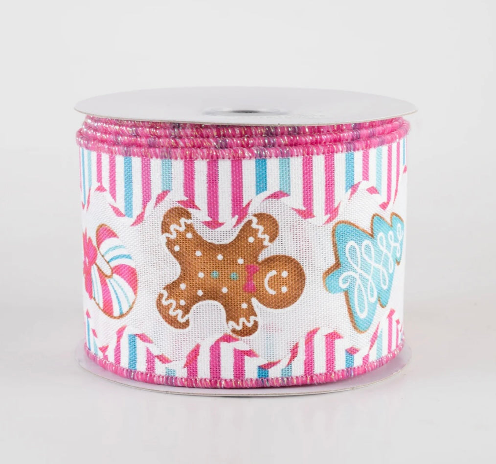 2.5” gingerbread Christmas strips pink, full roll 10 yards