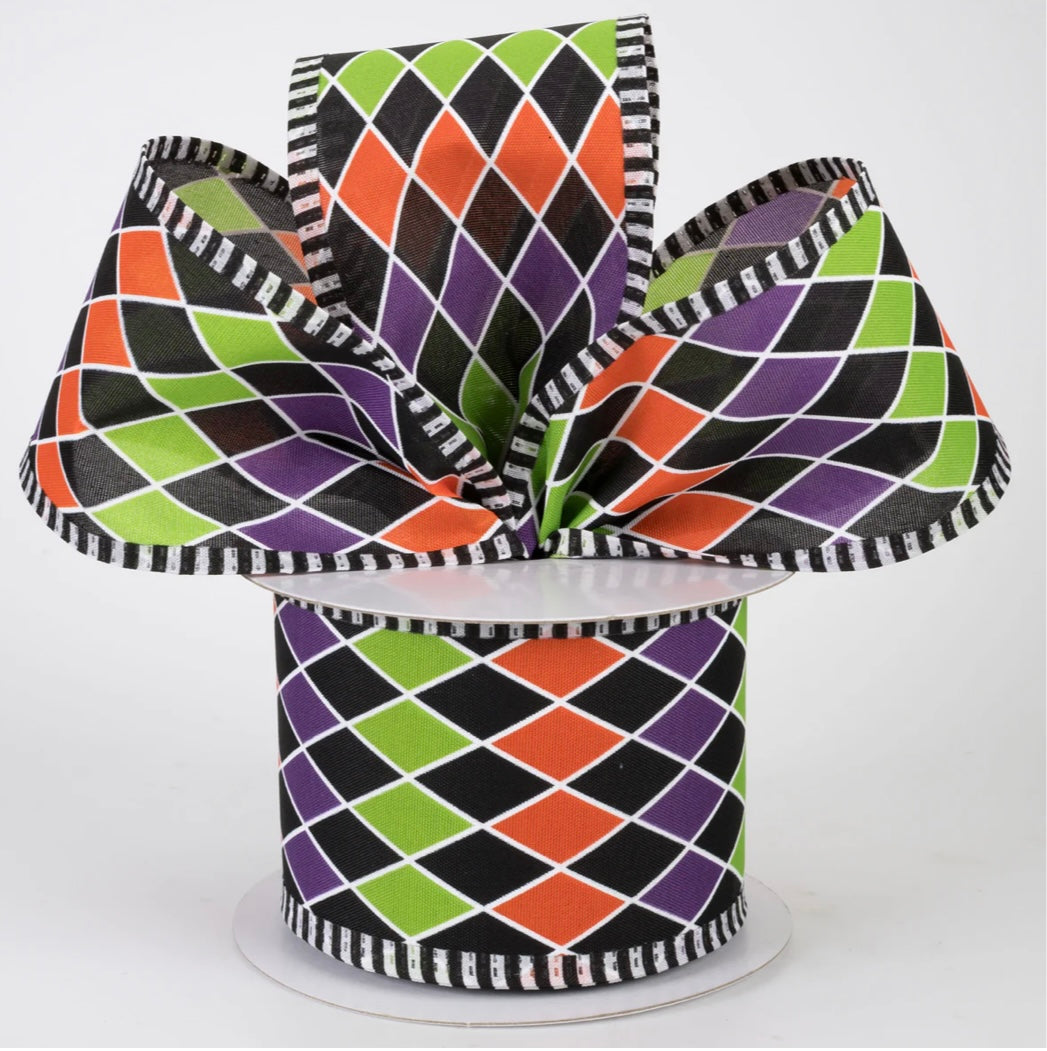 USA 2.5” wired ribbon, dashed edge harlequin, full roll 10 yards