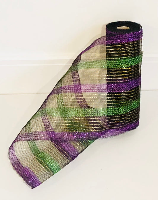 10 inch x  10 yards, metallic  deco mesh black with green and purple tinsel stripes , Spring, summer, Halloween, Christmas
