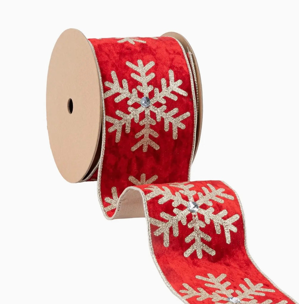 USA designer wired ribbon 4” red velvet snowflake/ jewel full roll 10 yards