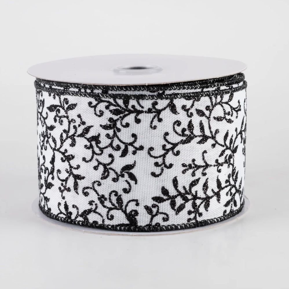 USA 2.5” glitter mini leaf vines ribbon, black and white full roll 10 yards