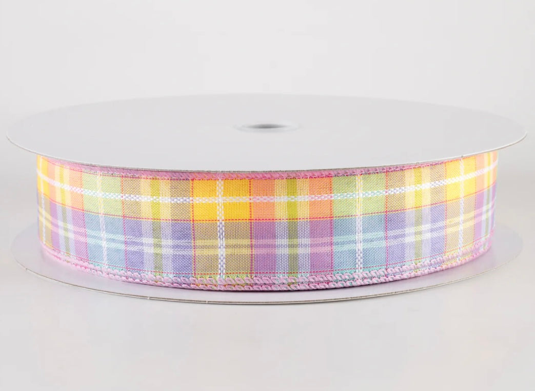 USA 1.5” wired ribbon Kennedy pastel plaid, sold by the meter