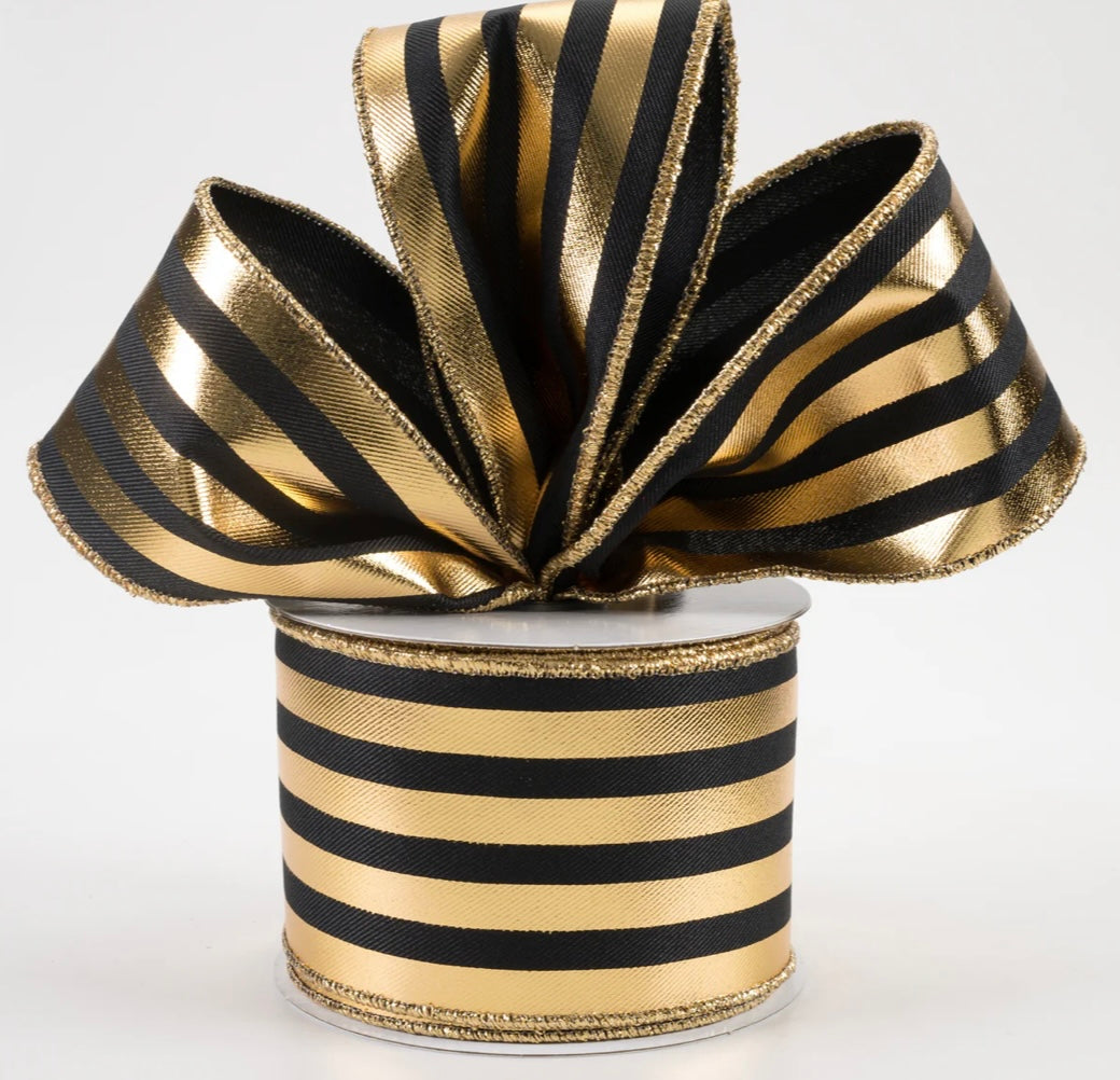 2.5” metallic vertical stripes, gold and black wired ribbon, full roll 10 yards
