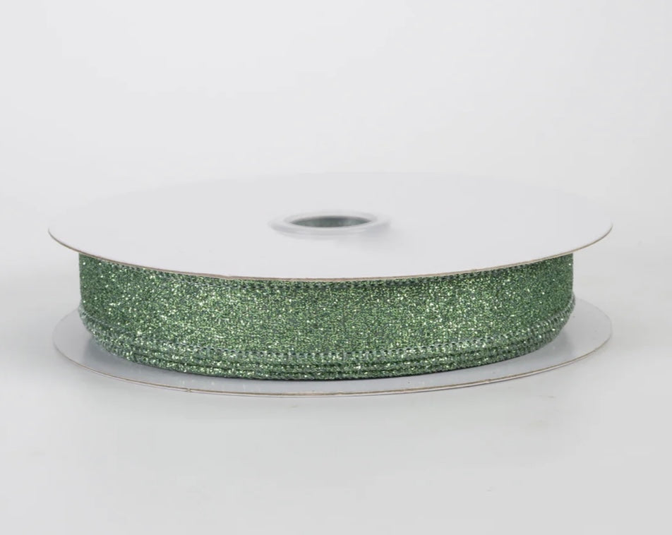USA 5/8” shimmer glitter wired ribbon sage full roll 10 yards