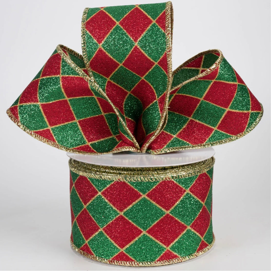USA 2.5” glitter harlequin, traditional red/green full roll 10 yards