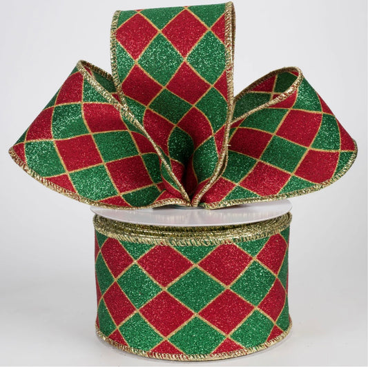 USA 2.5” glitter harlequin, traditional red/green full roll 10 yards