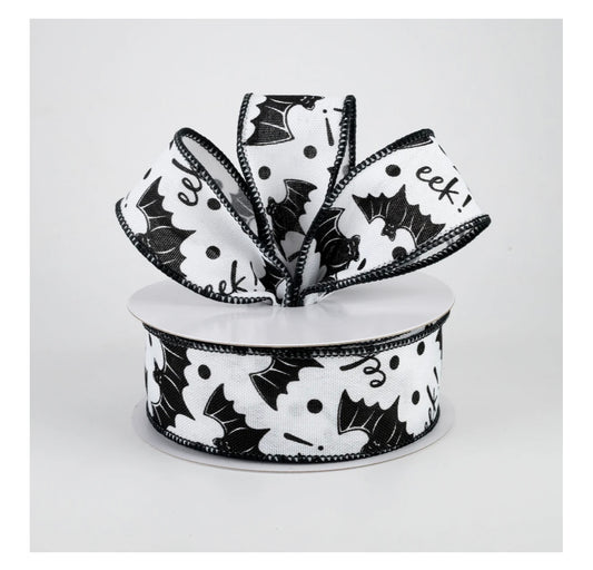 USA 1.5” bats eek wired ribbon full roll 10 yards black and white