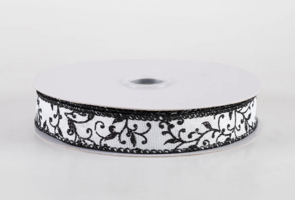 USA 5/8” glitter mini leaf vines, wired ribbon black and white