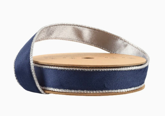 USA 1” designer wired ribbon, double sided navy/silver full roll 10 yards