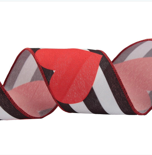 2.5” wired ribbon Alice in wonderland heart and black stripes full roll