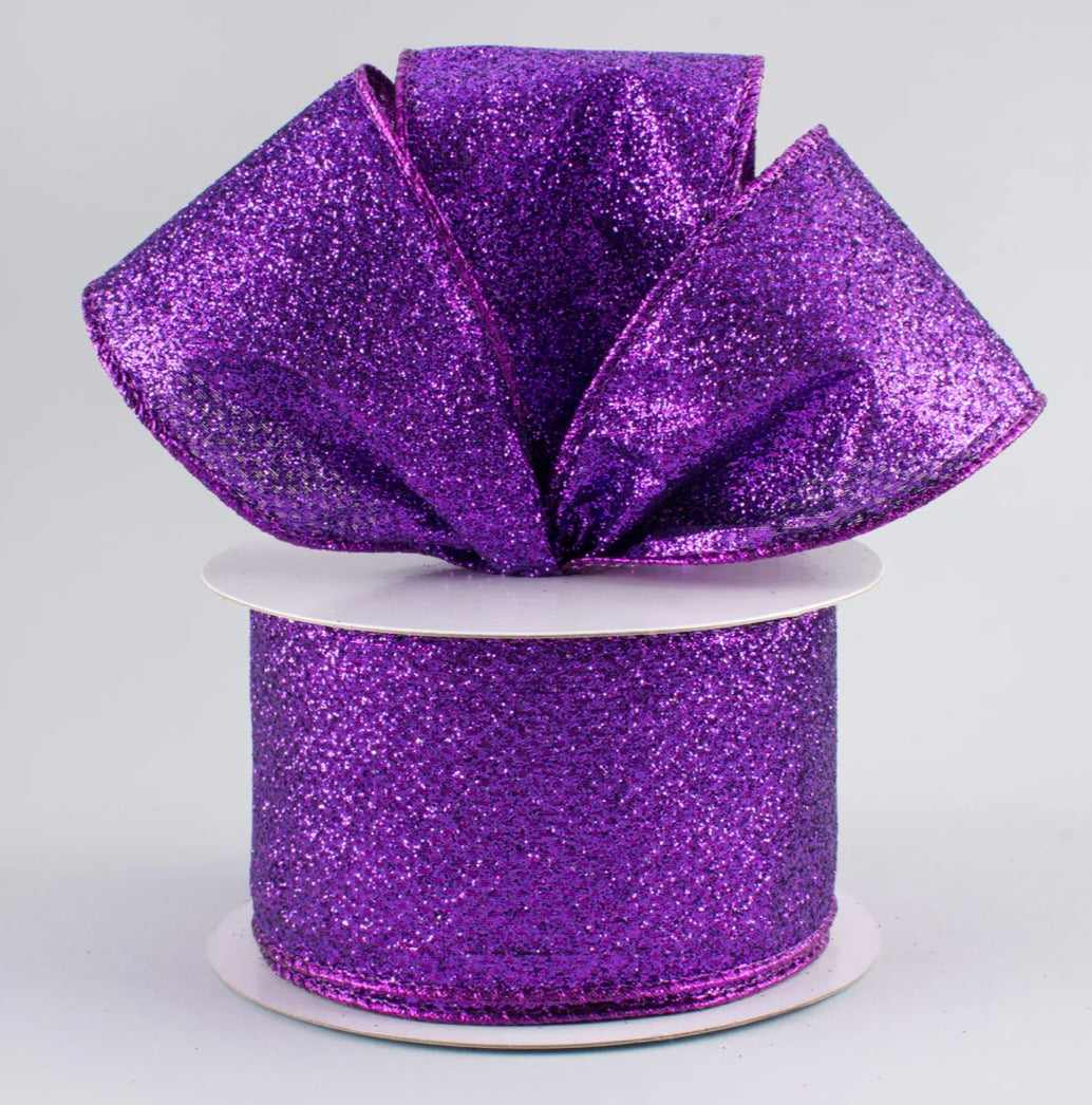 2.5” wired ribbon, purple glitter, full roll 10 yards