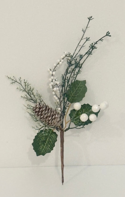 GR005C, 32cm glitter pine cone white berries pick