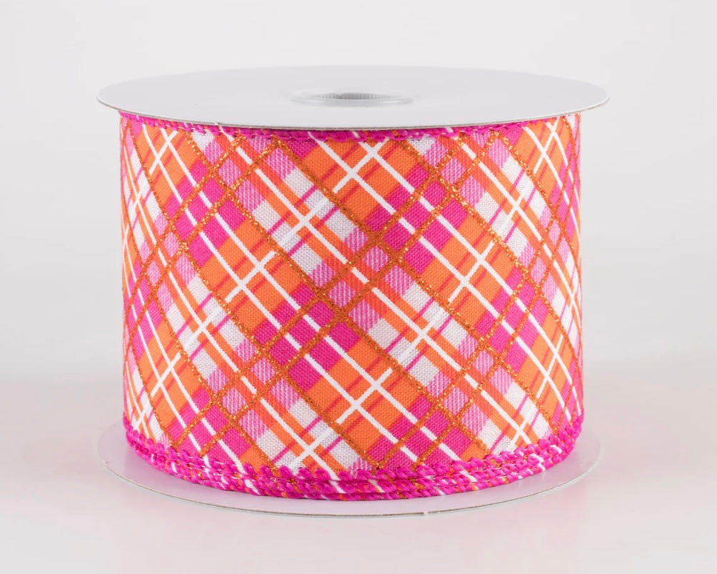 USA 2.5” glitter pink and orange wired ribbon, full roll 10 yards