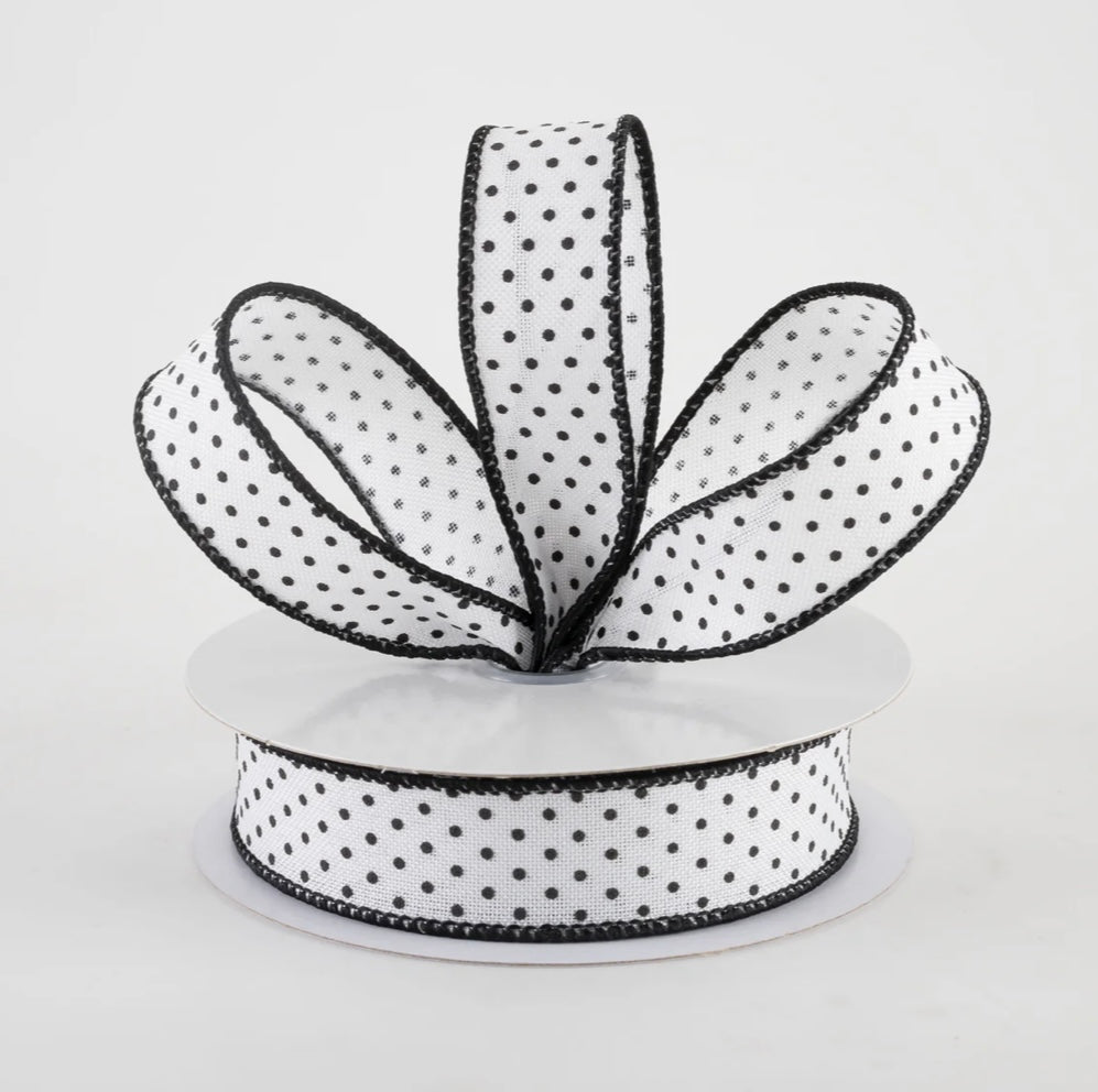 USA 7/8” Swiss dots wired ribbon, white with black dots, full roll 10 yards