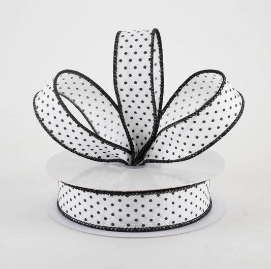 USA 7/8” Swiss dots wired ribbon, white with black dots, full roll 10 yards