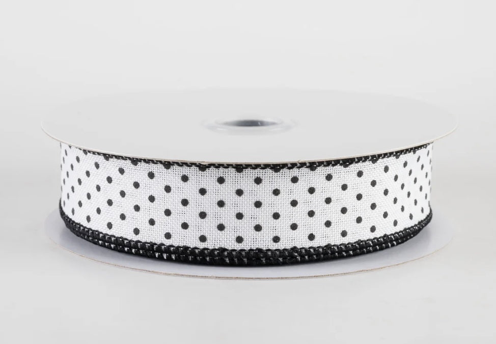 USA 7/8” Swiss dots wired ribbon, white with black dots, full roll 10 yards
