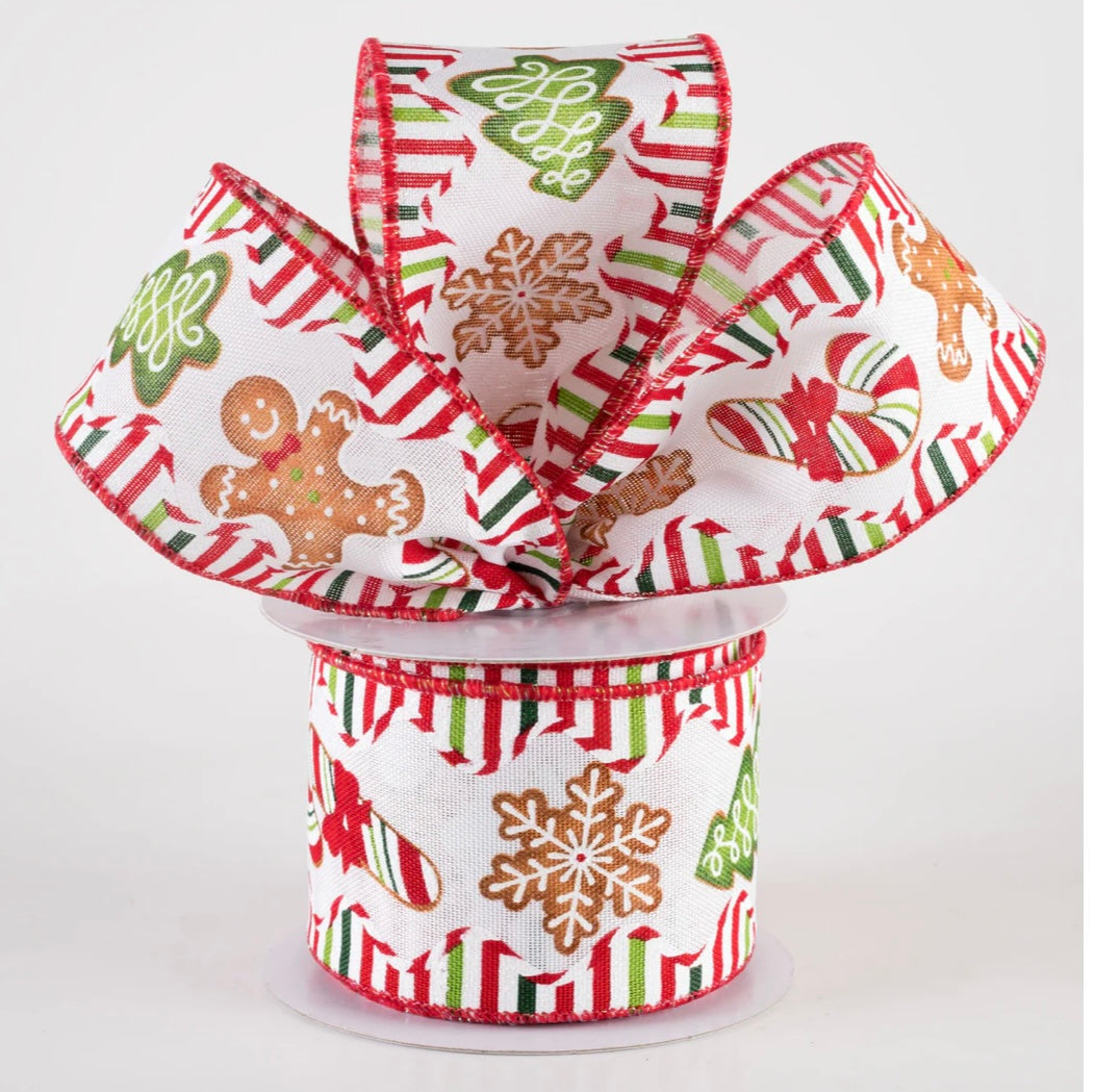2.5” gingerbread Christmas cookies strips red & green wired ribbon, full roll 10 yards