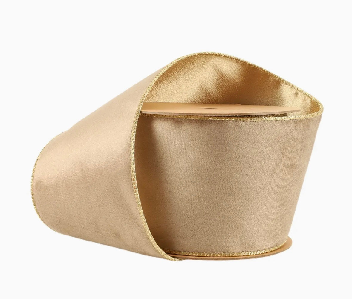 USA 4” designer wired ribbon, reversible classic velvet ribbon in latte/gold full roll 10 yards