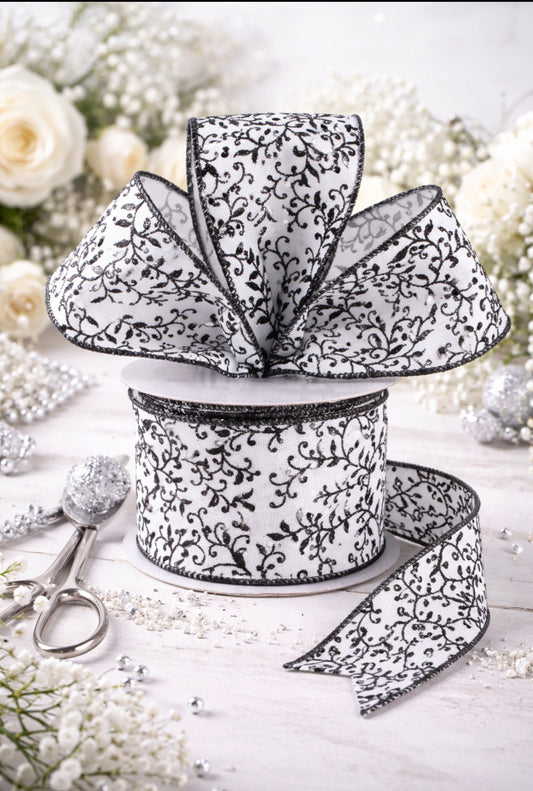 USA 2.5” glitter mini leaf vines ribbon, black and white full roll 10 yards