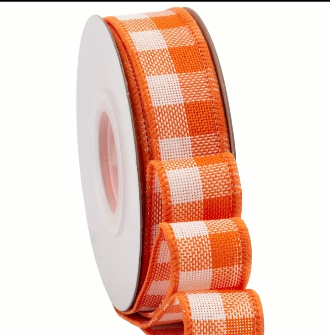 7/8” wired ribbon check orange and white 10 yards