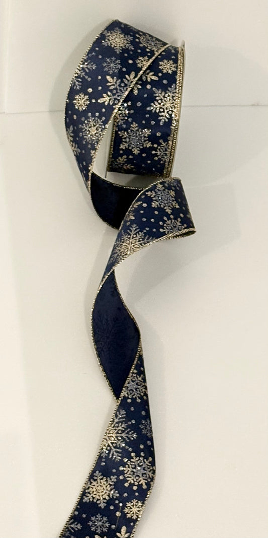 2.5” wired ribbon, navy blue with gold snowflakes