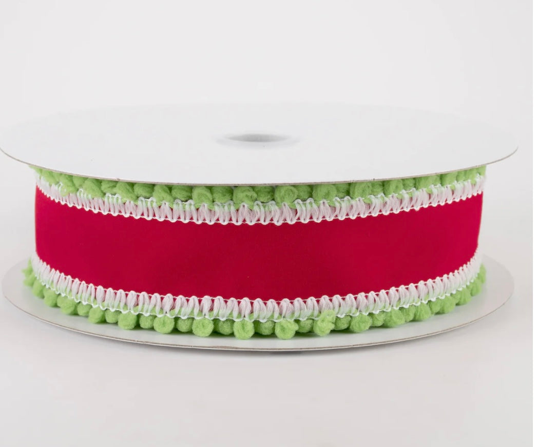 1.5” red velvet w/ green ball edge, full roll 10 yards