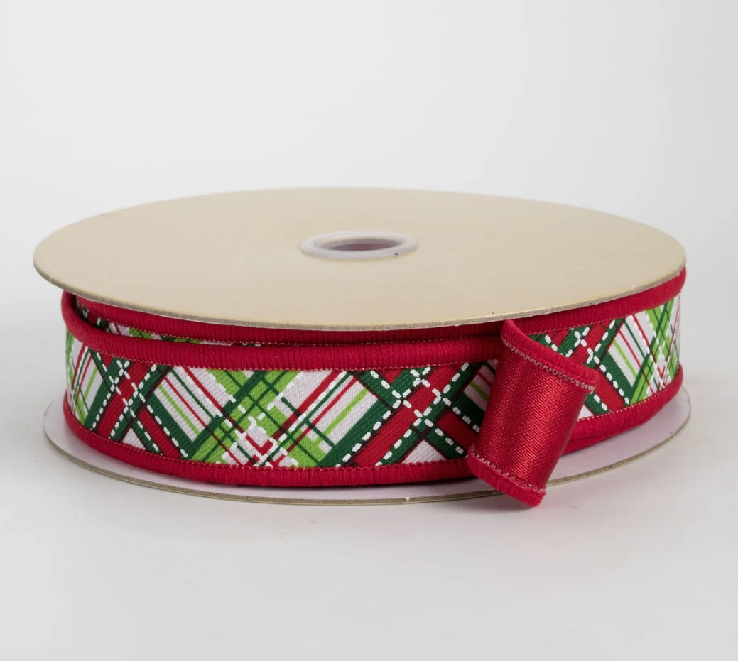 7/8” double sided fused diagonal plaid wired ribbon, full roll 10 yards