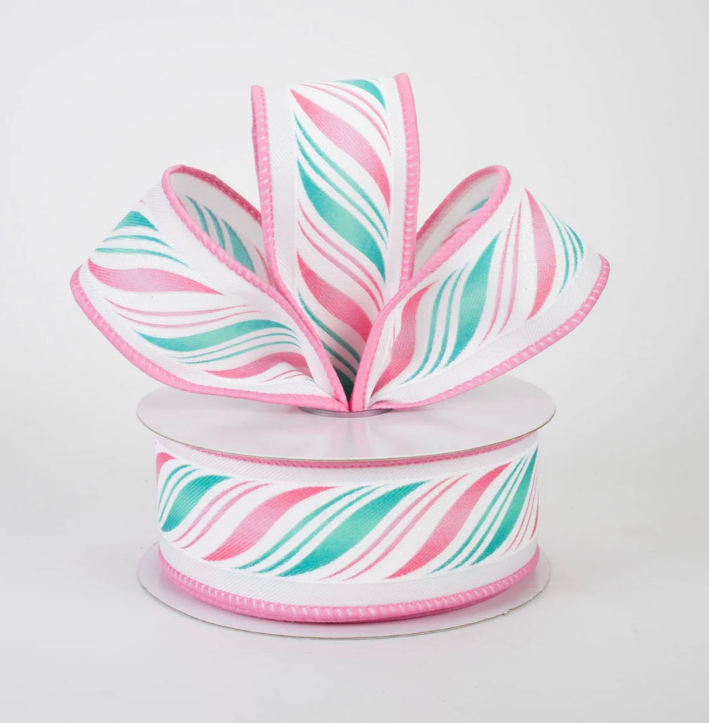 1.5” peppermint candy cane in pastel pink and mint, full roll 10 yards