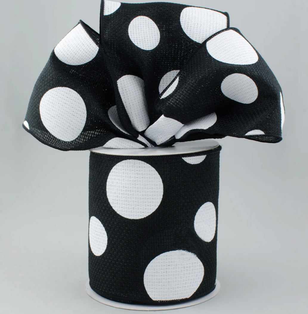 4” three size dots, wired ribbon, black and white, full roll 10 yards
