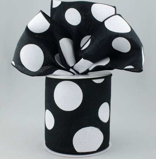 USA 4” three size dots, wired ribbon, black and white, full roll 10 yards
