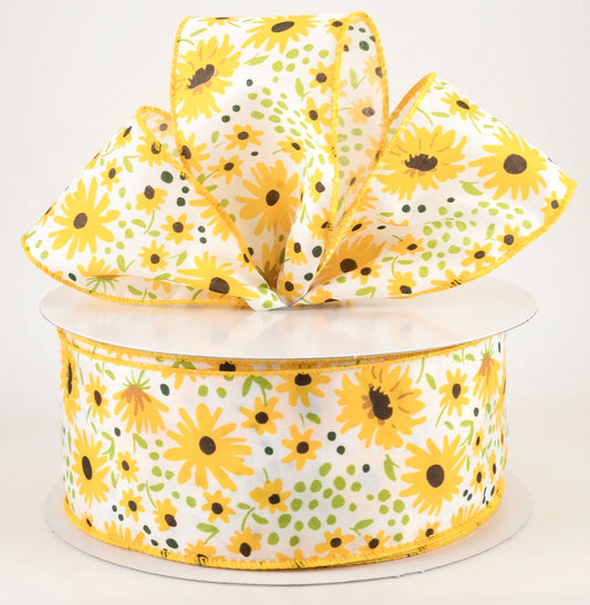 USA 2.5” wired ribbon, satin wildflowers yellow ribbon, sold by the meter