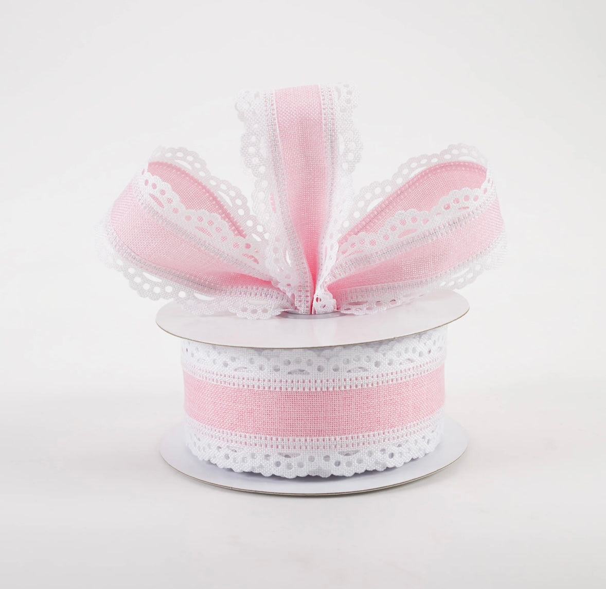 USA 1.5” scalloped edge pink and white wired ribbon full roll 10 yards