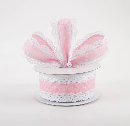 USA 1.5” scalloped edge pink and white wired ribbon full roll 10 yards