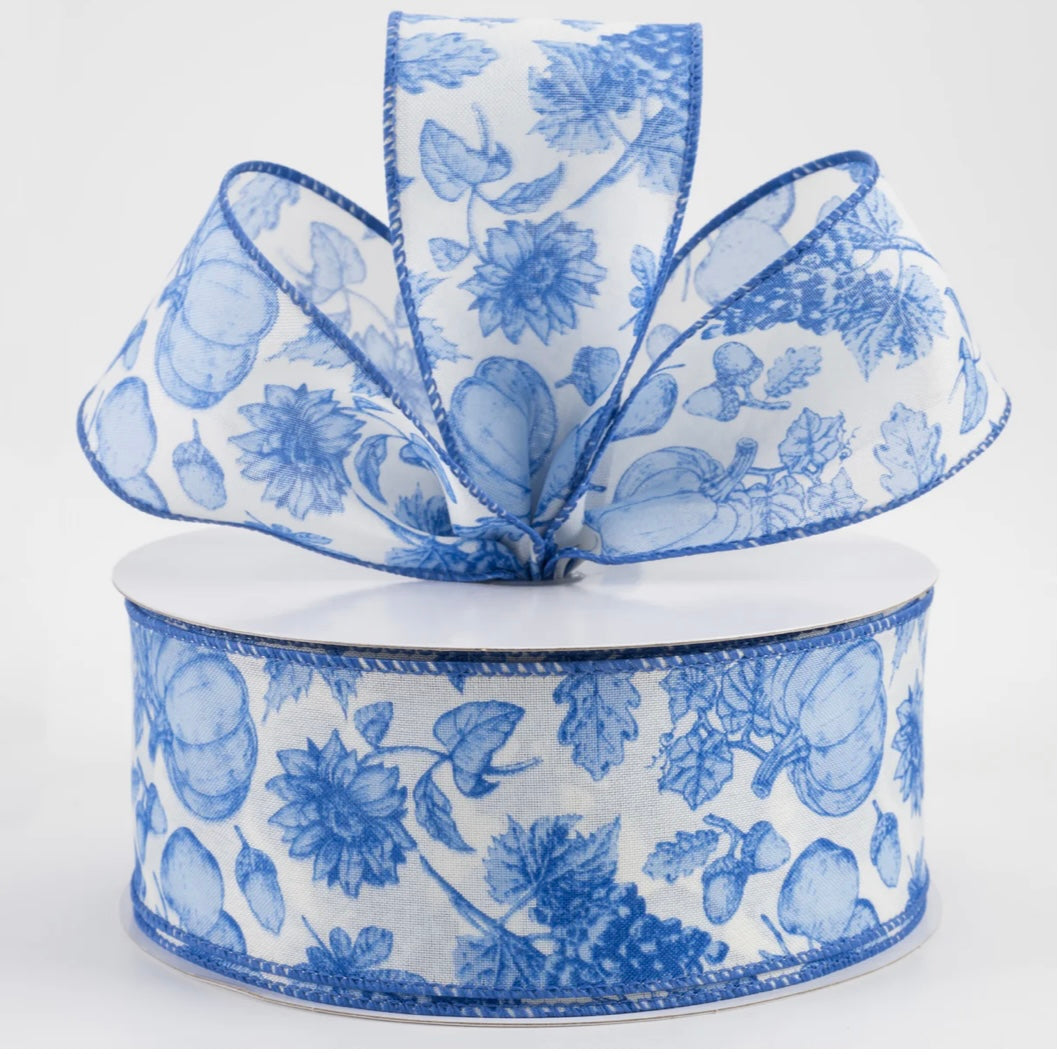 USA 2.5” wired ribbon, linen Fall toile, blue on cream, sold by the meter