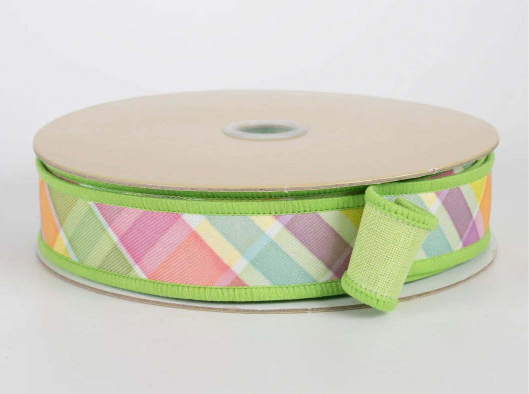 USA 7/8” D’Lux designer wired ribbon diagonal plaid green, full roll 10 yards
