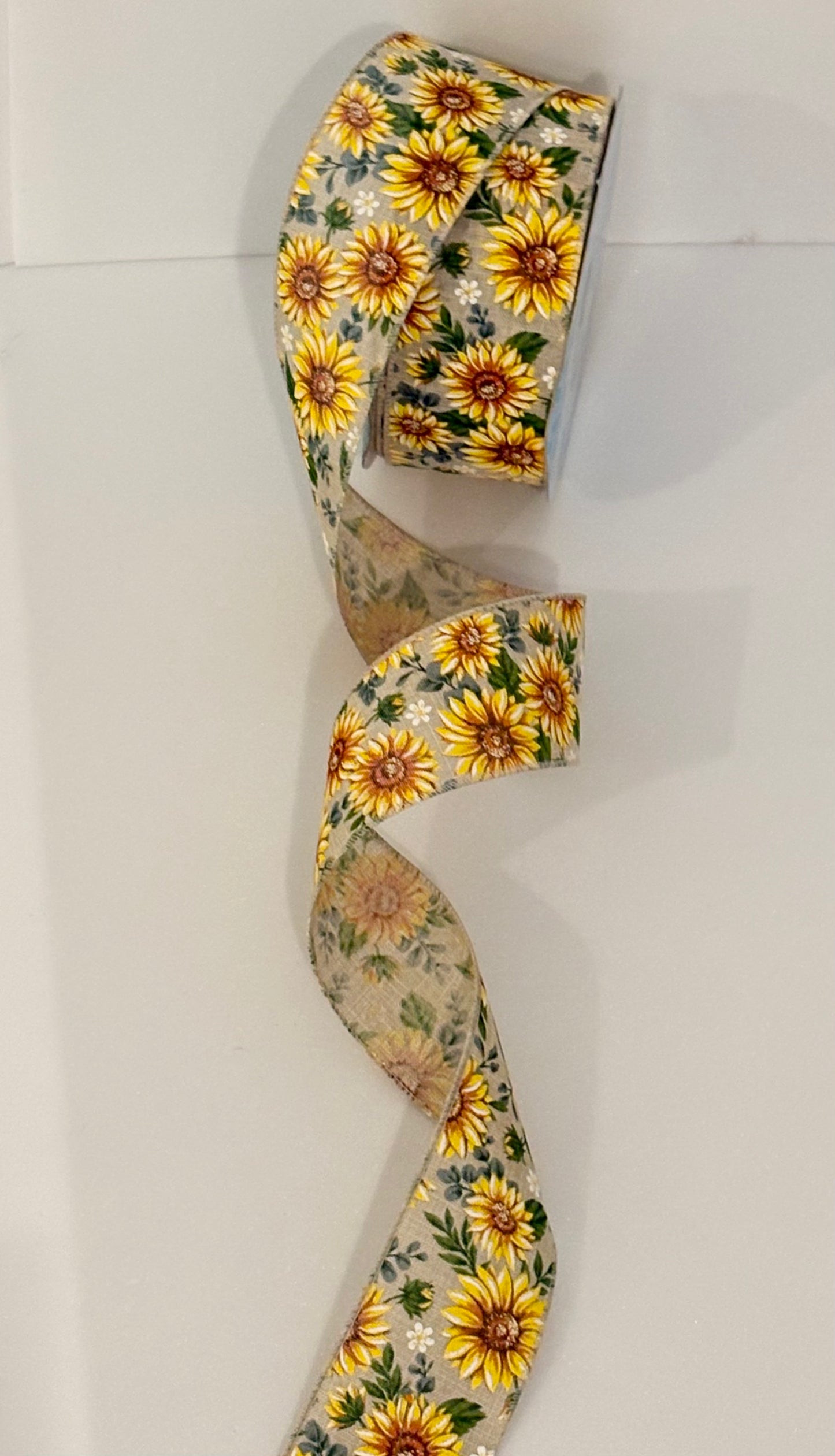 2.5” wired ribbon, burlap sunflower, sold by the meter