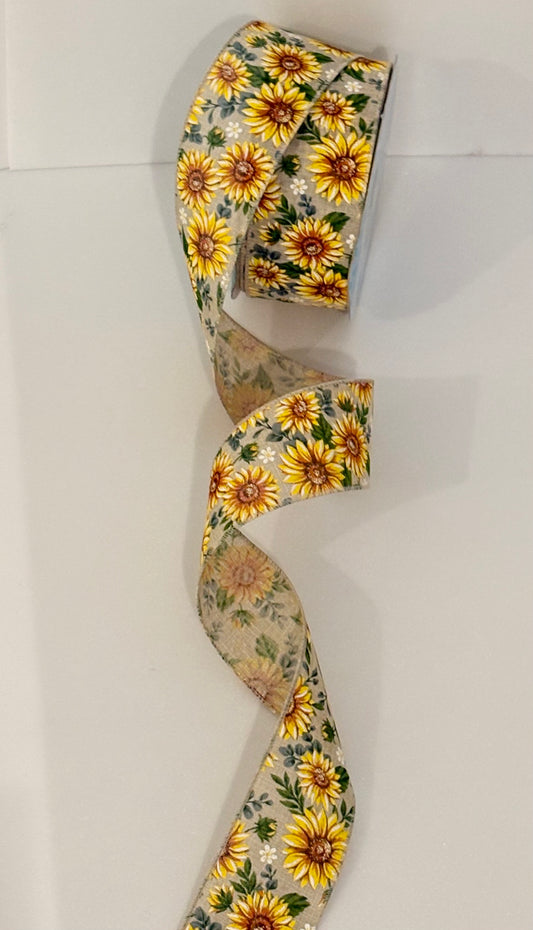 2.5” wired ribbon, burlap sunflower, sold by the meter