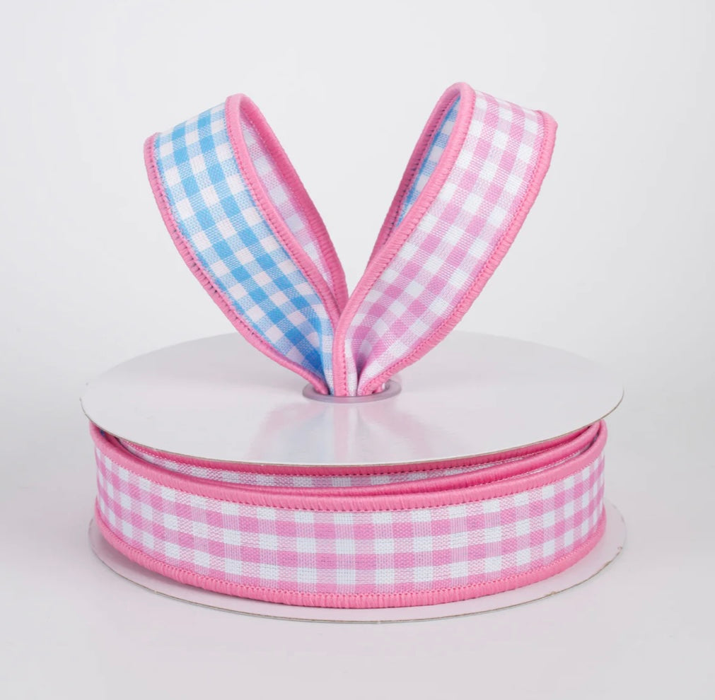 USA 7/8” double sided gingham pink/blue wired ribbon full roll 10 yards