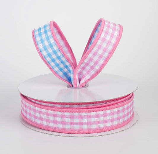 USA 7/8” double sided gingham pink/blue wired ribbon full roll 10 yards