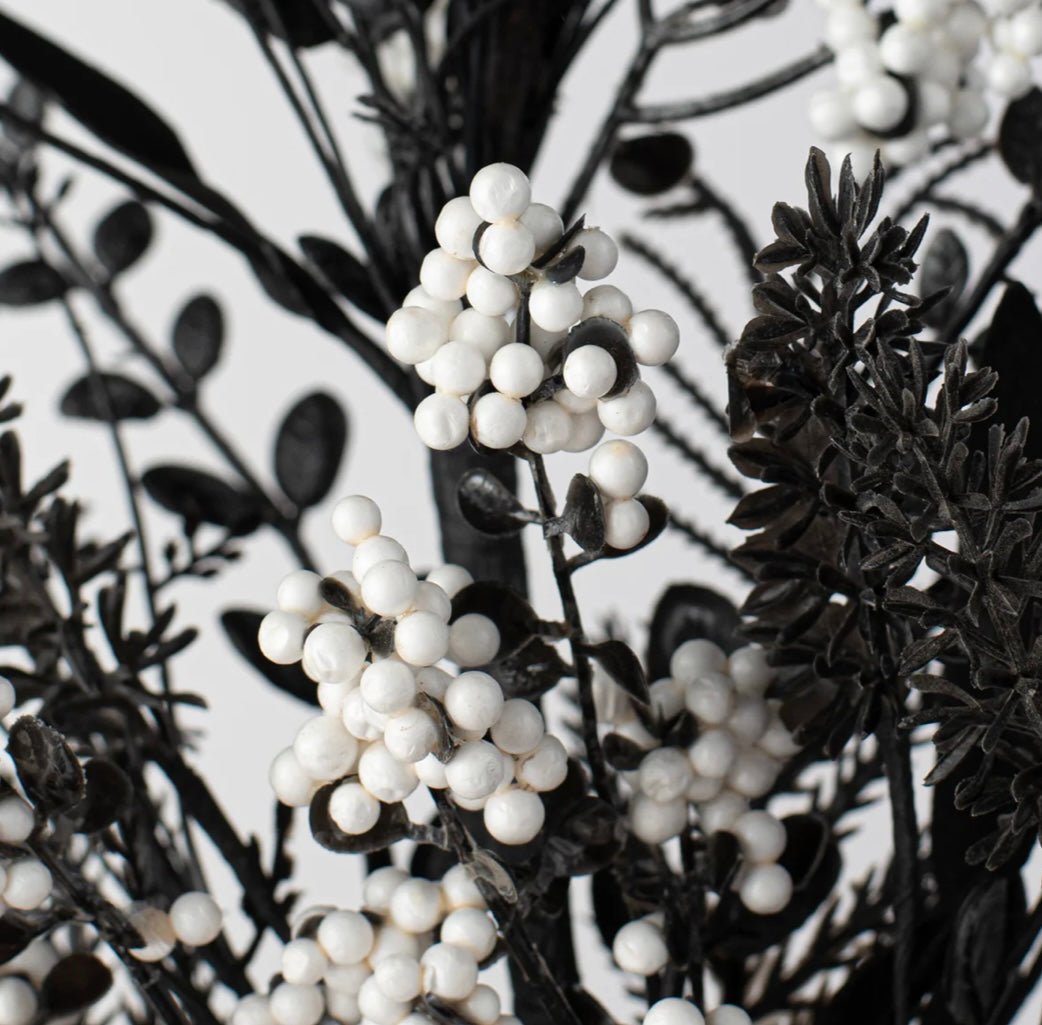 24” fabric flower, leaf, berry bush in black and white